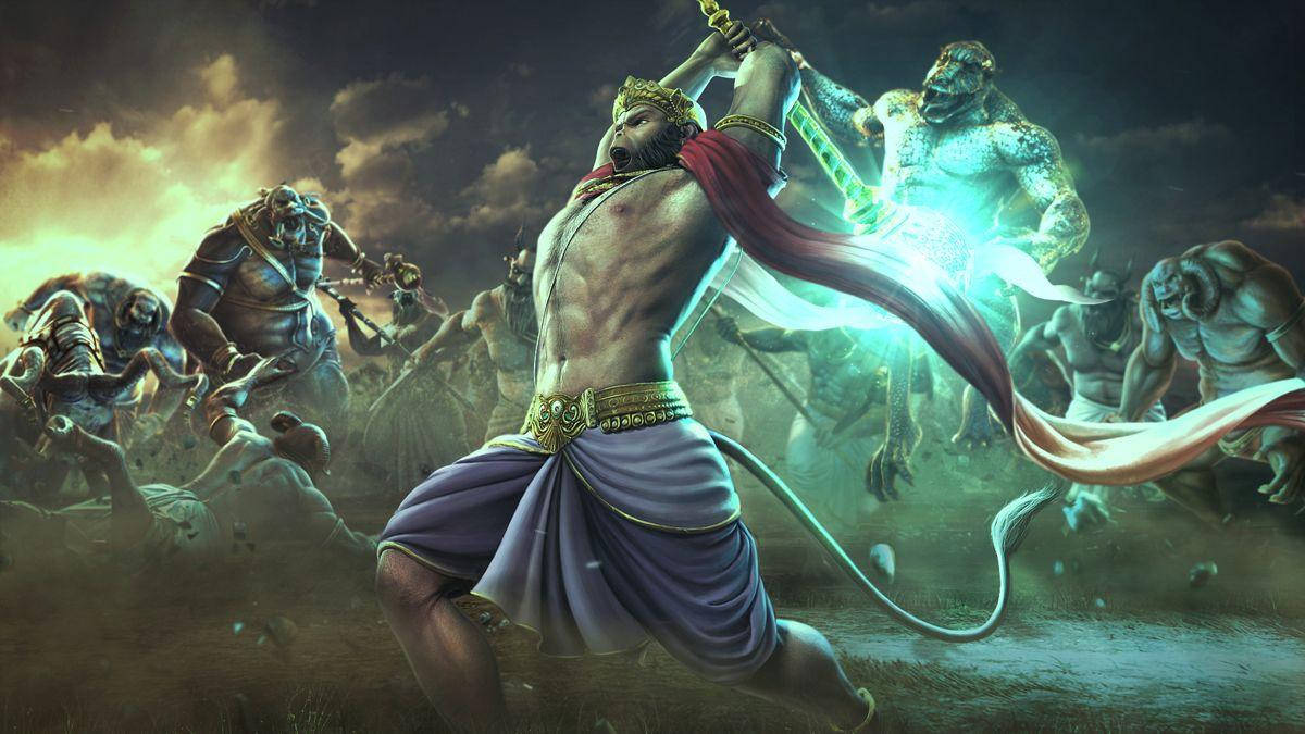 Lord Hanuman Fighting Enemies Hd Background