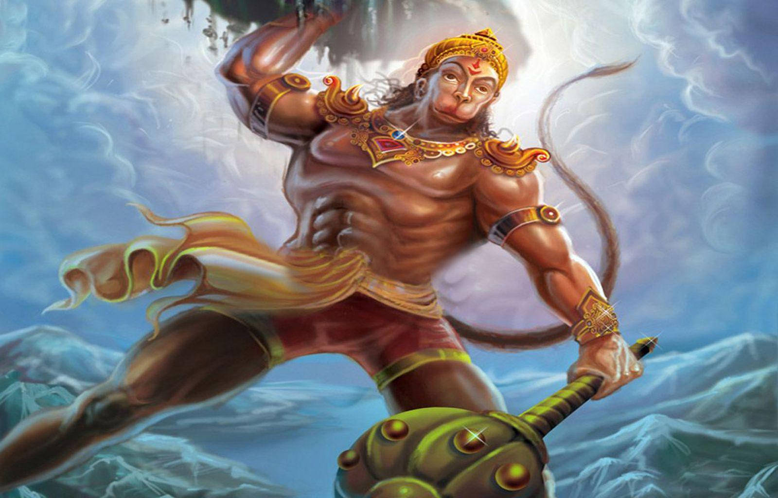 Lord Hanuman Holding Gada And Mountain Background