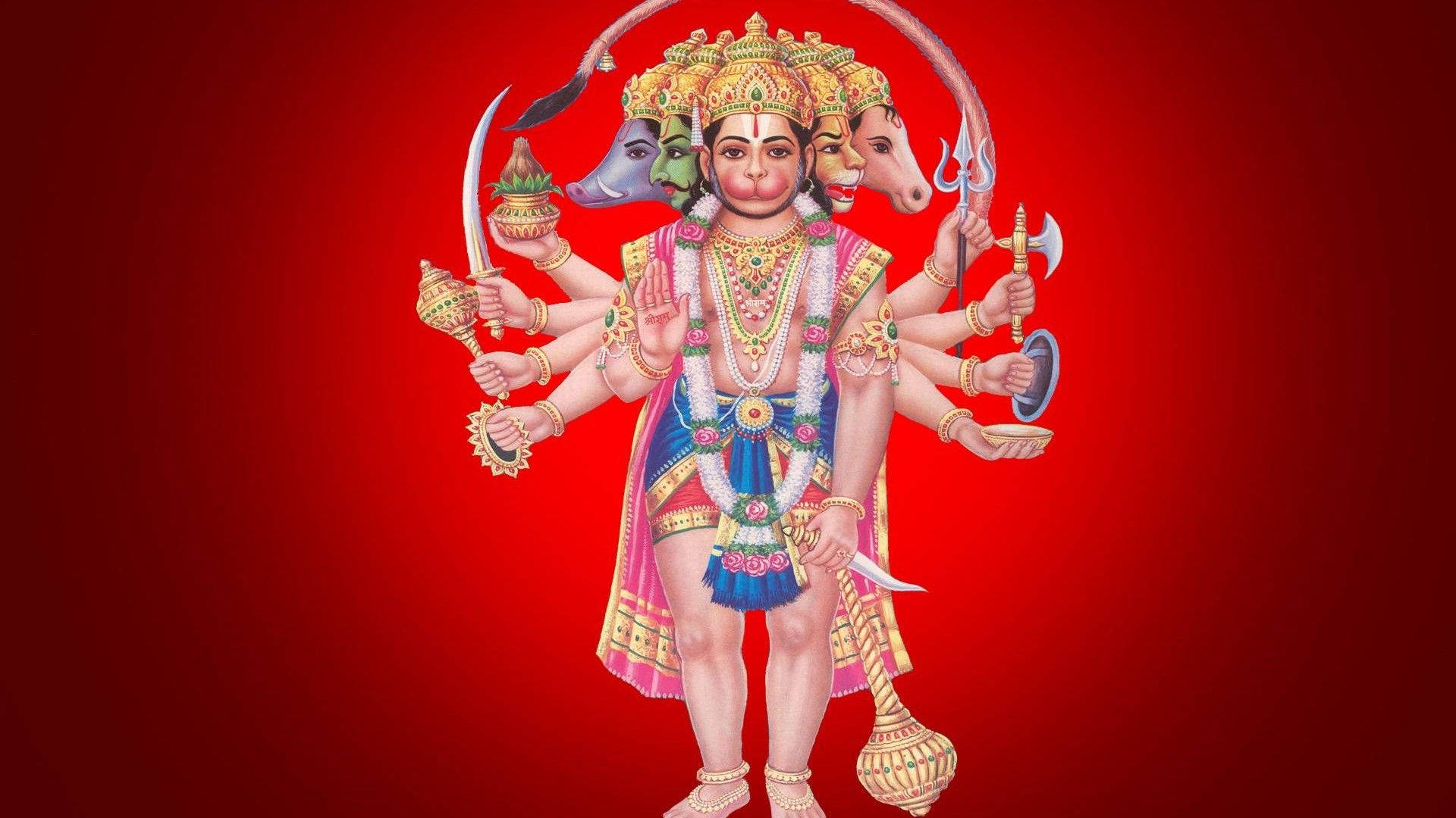 Lord Hanuman Many Faces On Red Hd Background