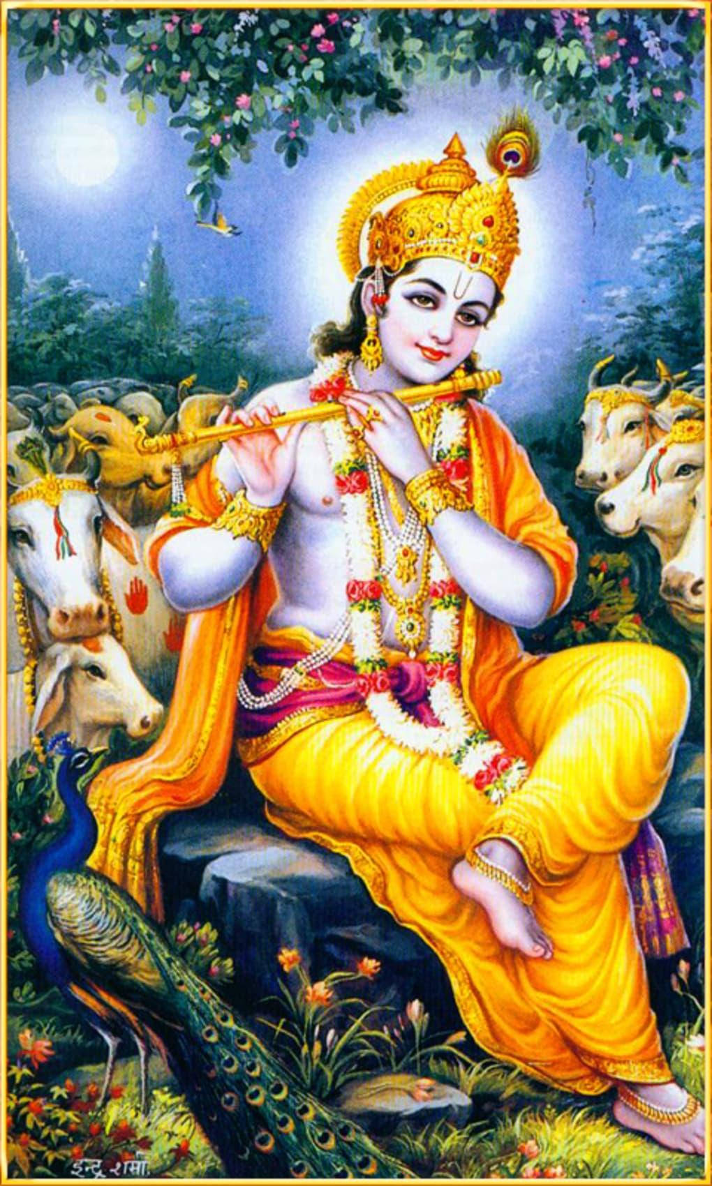 Lord Krishna Ji With Cows Background