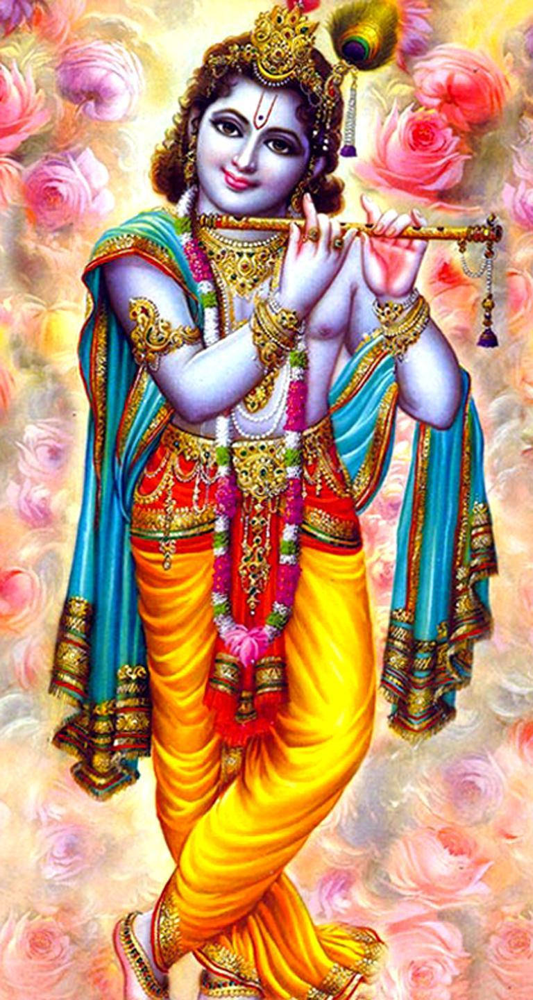 Lord Krishna With Flowers Background