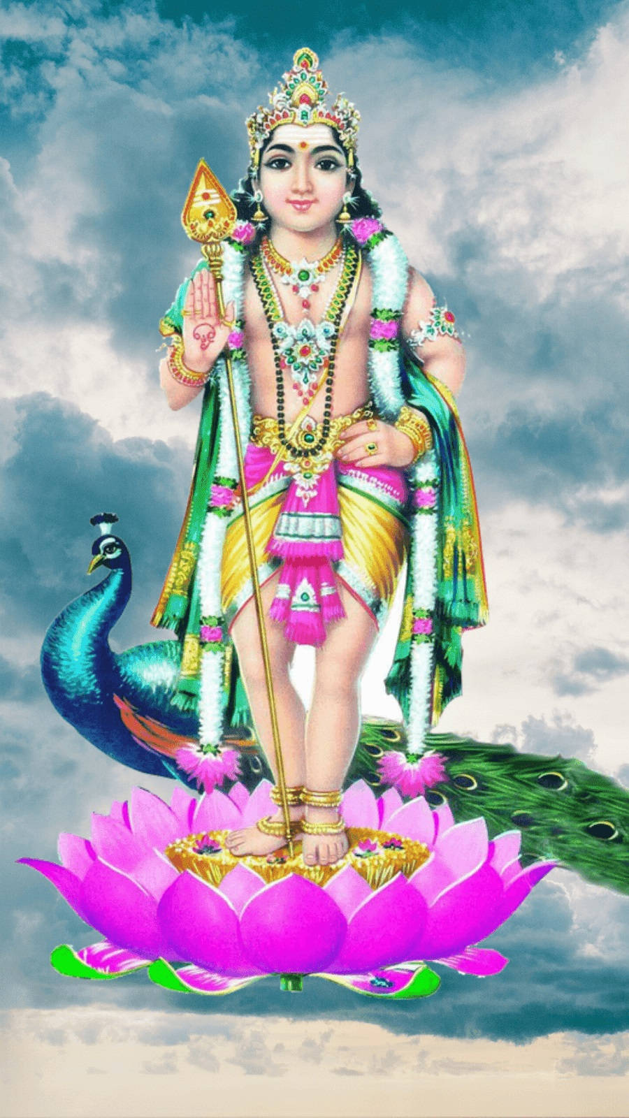 Lord Murugan 4k On Lotus In Sky Background