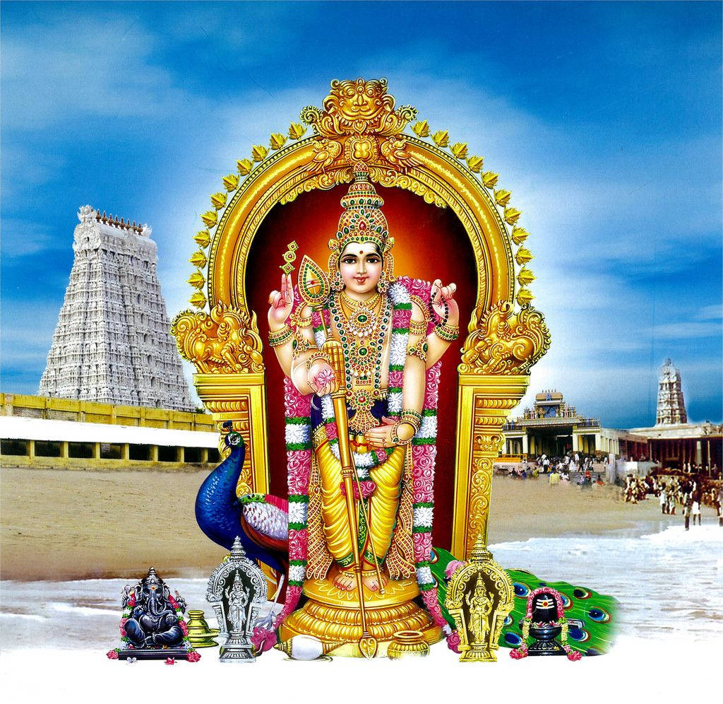 Lord Murugan 4k With Temples Background