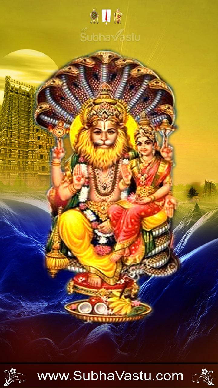 Lord Narasimha Blue And Yellow Background Background