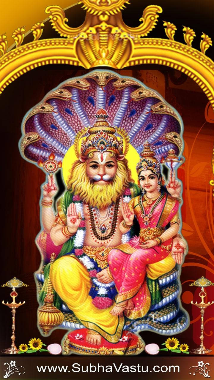 Lord Narasimha Gold And Red Background