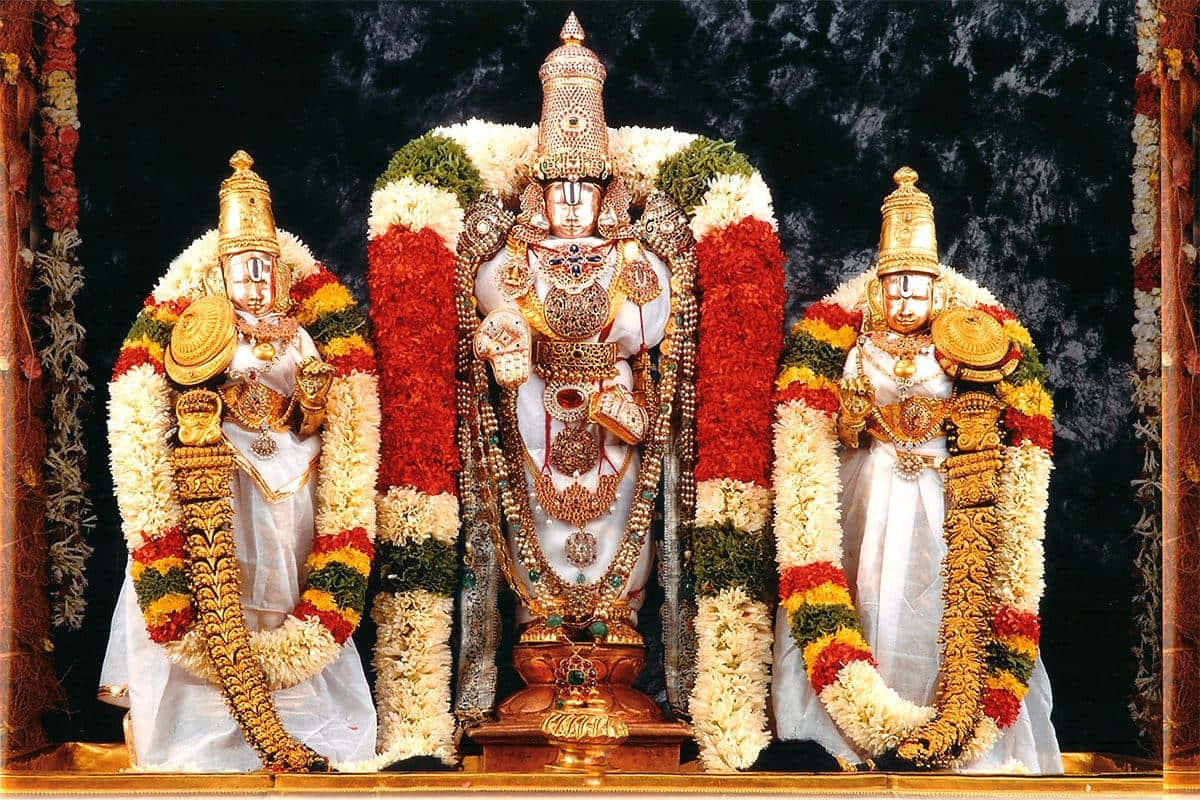 Lord_ Perumal_and_ Consorts_ Adorned_in_ Temple Background