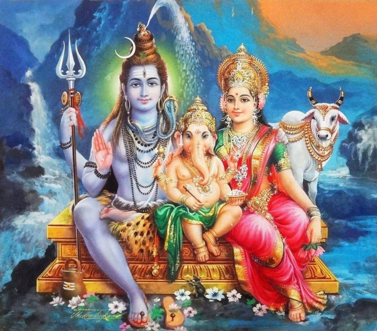 Lord Shiva Family In Colourful Outfits Background