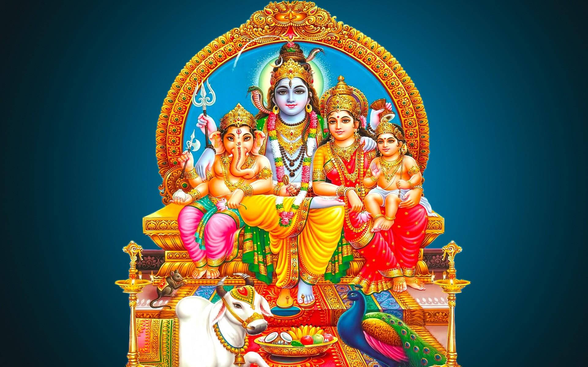 Lord Shiva Family On Gold Throne Background