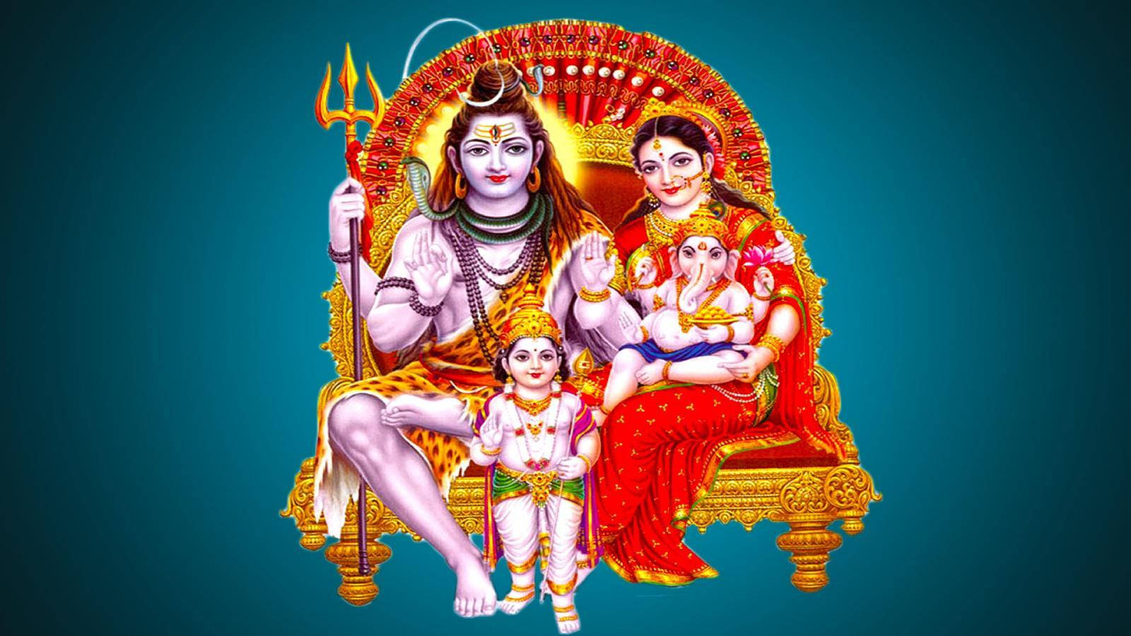 Lord Shiva Family On Red Throne Background