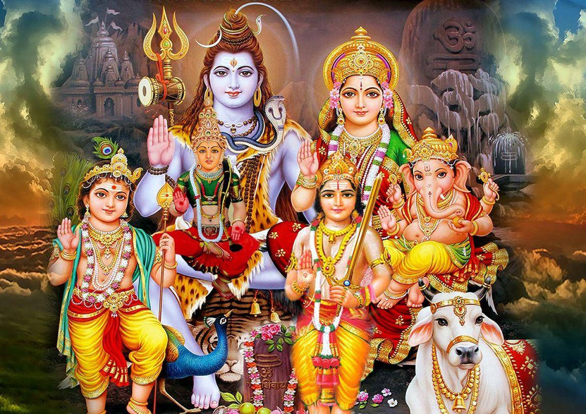 Lord Shiva Family On Sky Temple Background