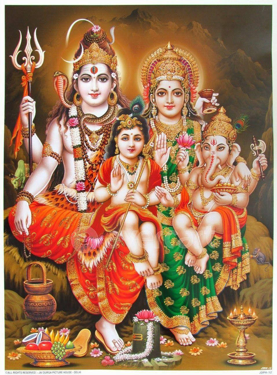 Lord Shiva Family With Glowing Crowns Background