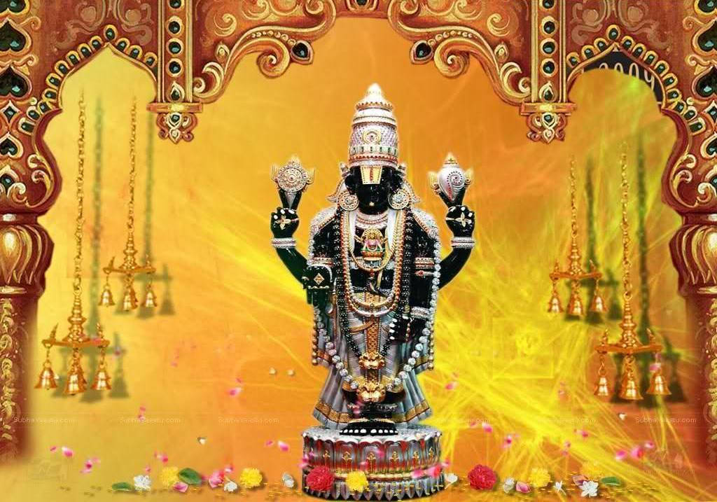 Lord Venkateswara Golden Chandeliers Background