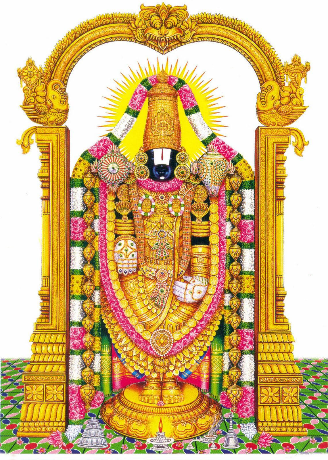 Lord Venkateswara On Green Tiled Floor Background