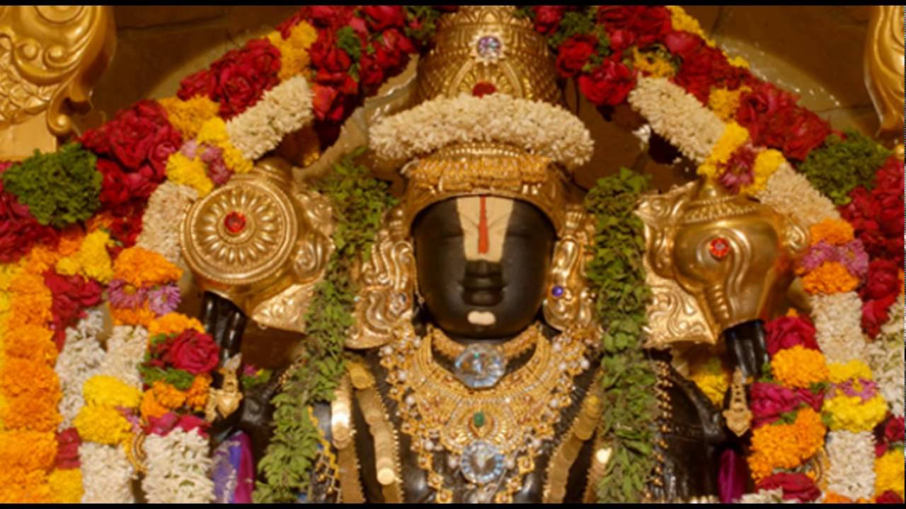 Lord Venkateswara With Garlands Close-up Background