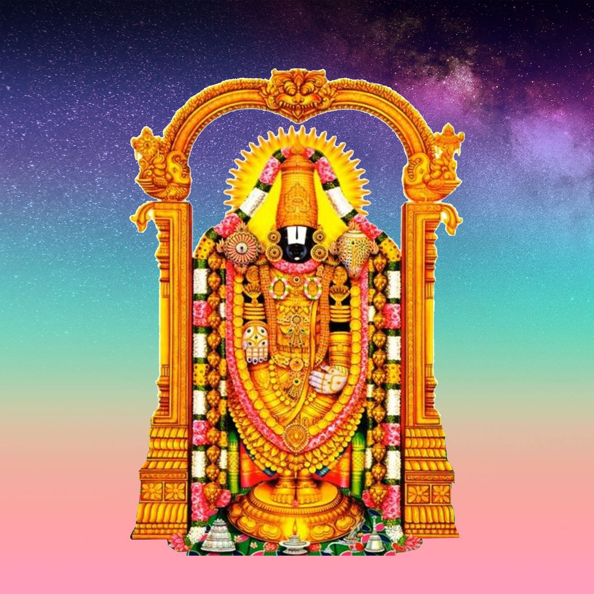 Lord Venkateswara With Rainbow Background Background