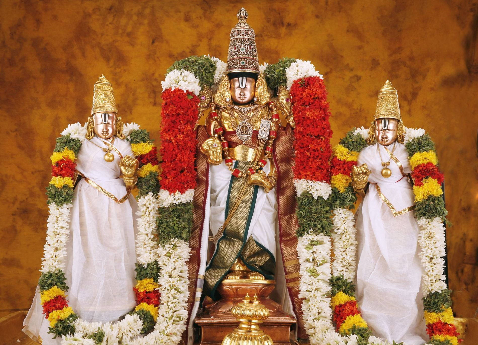 Lord Venkateswara With Two Statues And Garlands Background
