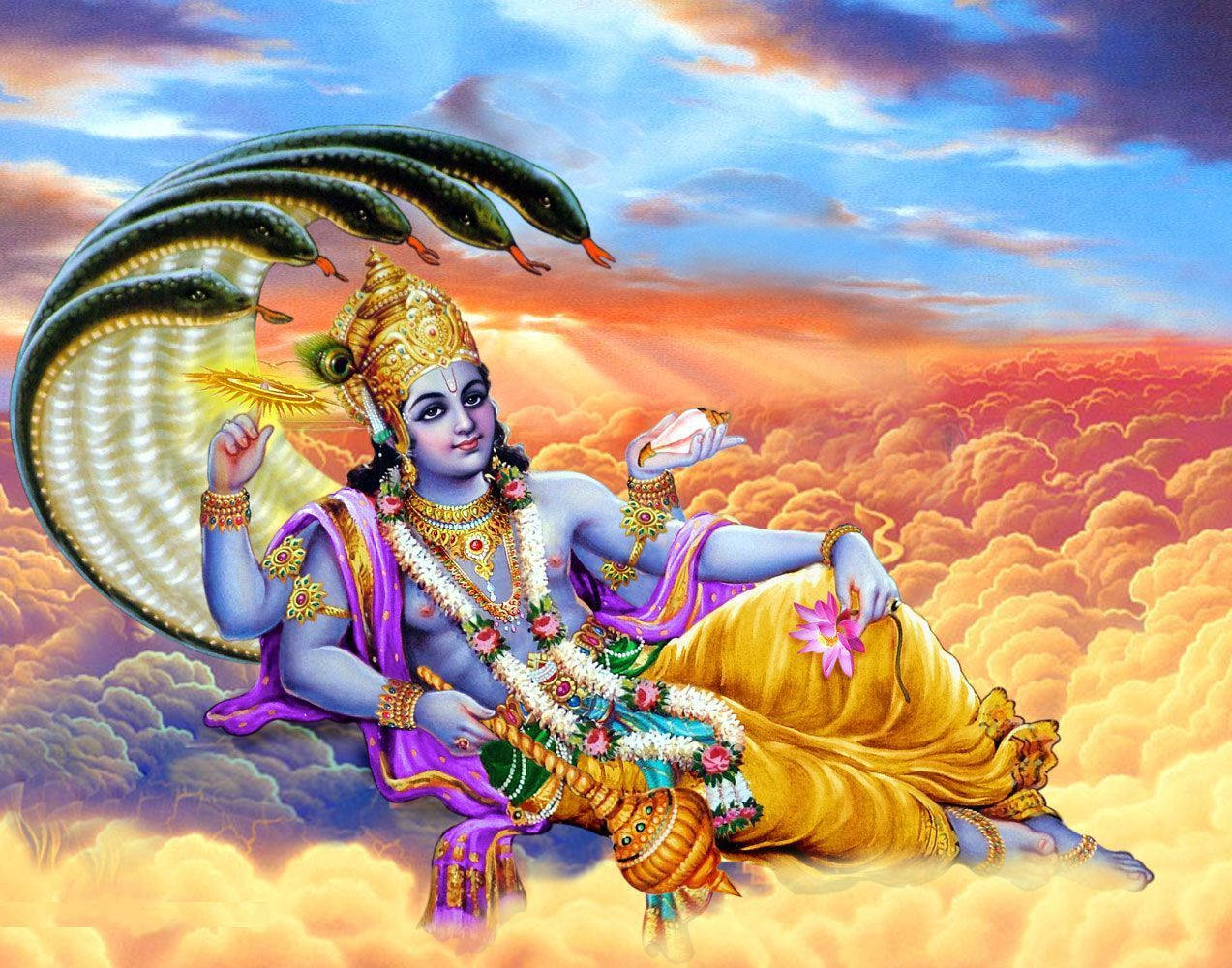 Lord Vishnu On Golden Clouds