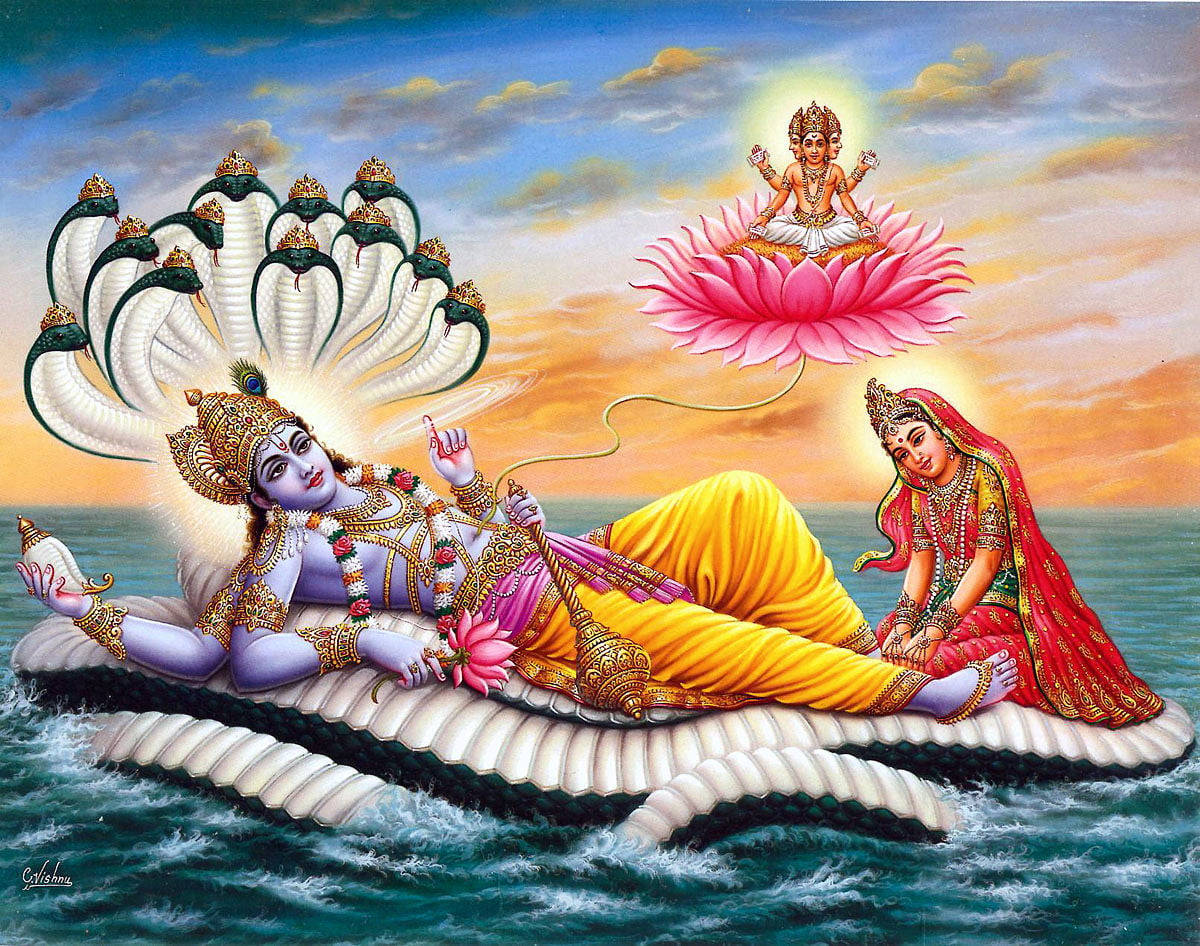 Lord Vishnu On Serpent Bed Background