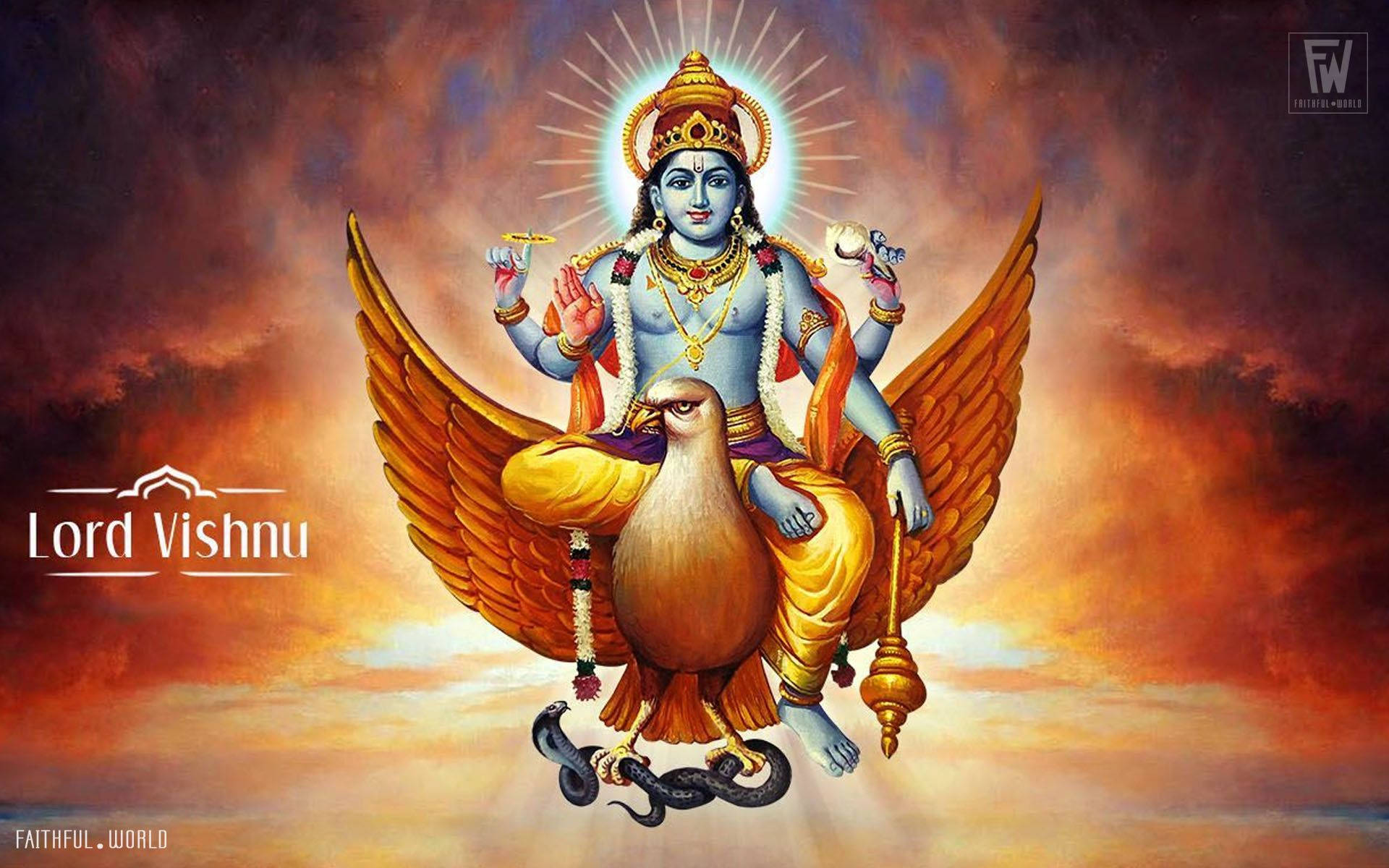 Lord Vishnu Riding On A Golden Garuda