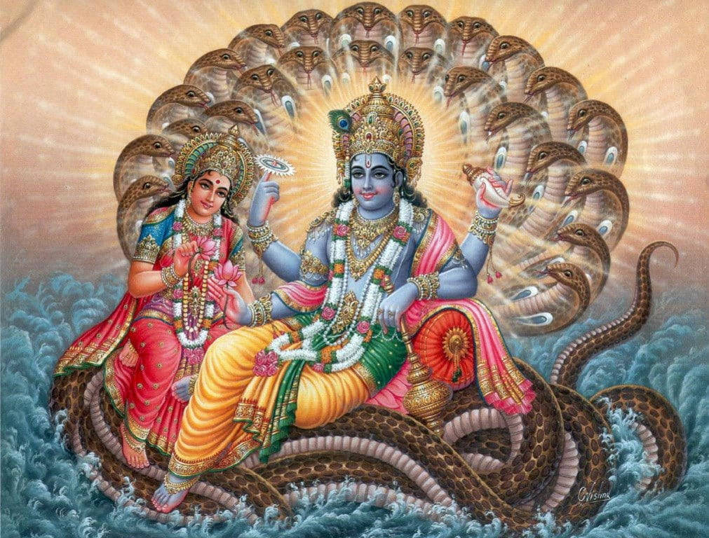 Lord Vishnu Sitting With Lakshmi Background