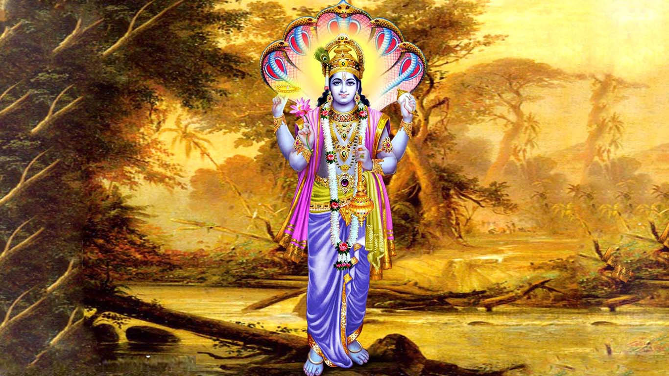 Lord Vishnu Standing On A Golden Landscape Background