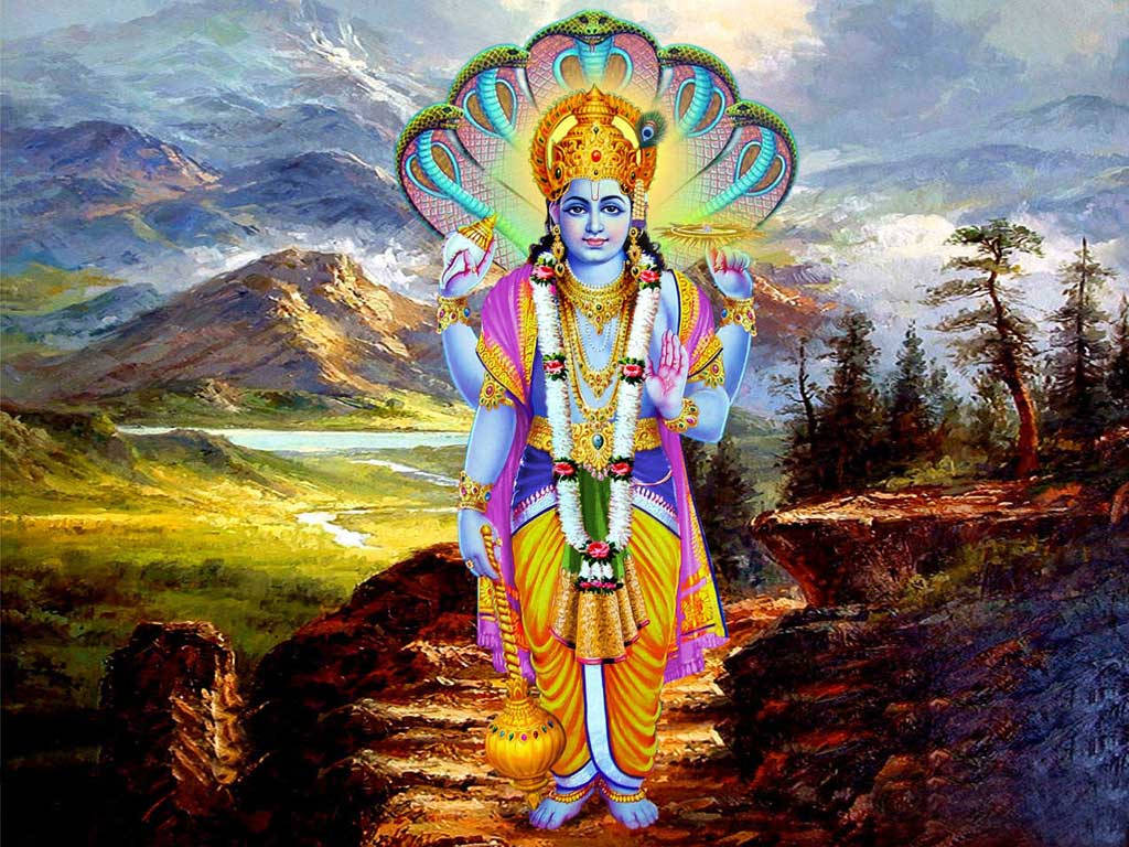 Lord Vishnu Standing On A Mountain Background