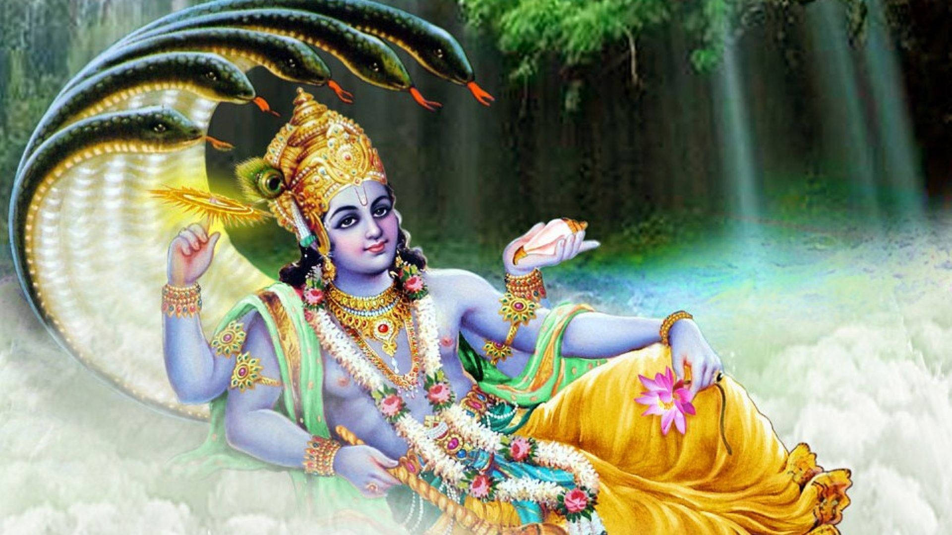 Lord Vishnu Surrounded By Clouds Background