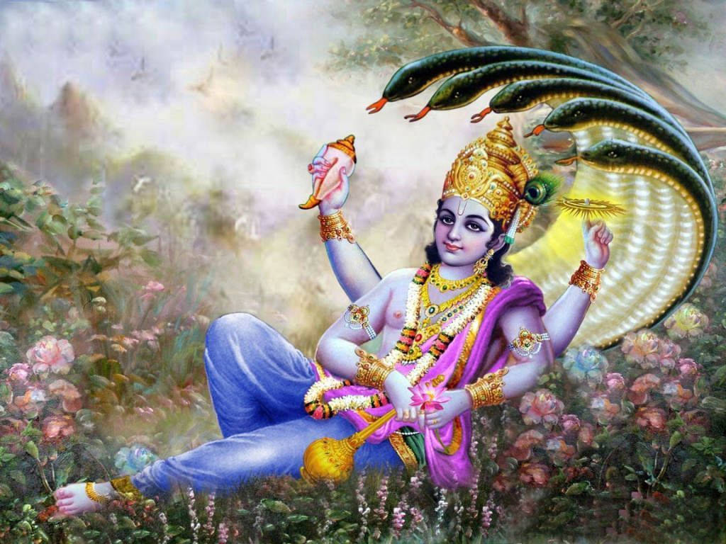 Lord Vishnu With Serpent And Flowers Background