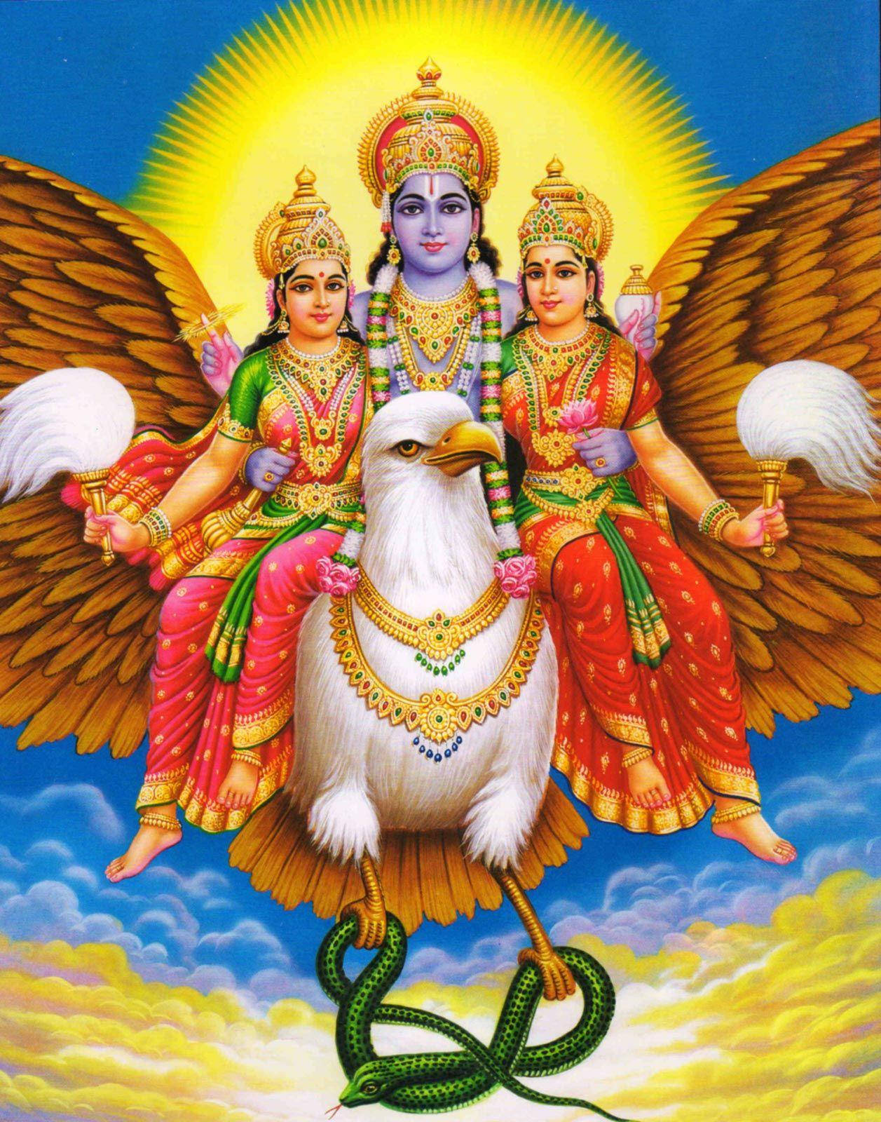 Lord Vishnu With Two Goddesses