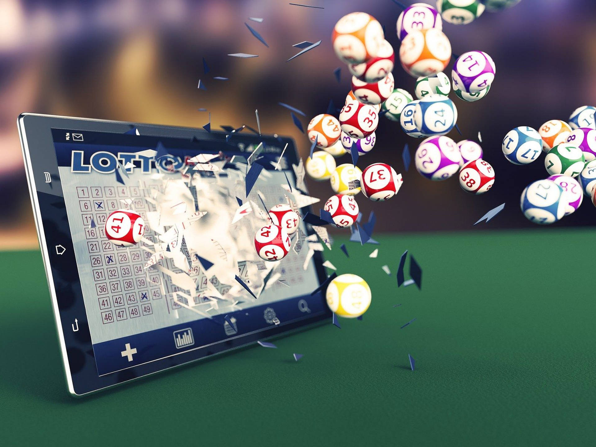 Lottery Balls Smashing A Tablet Background