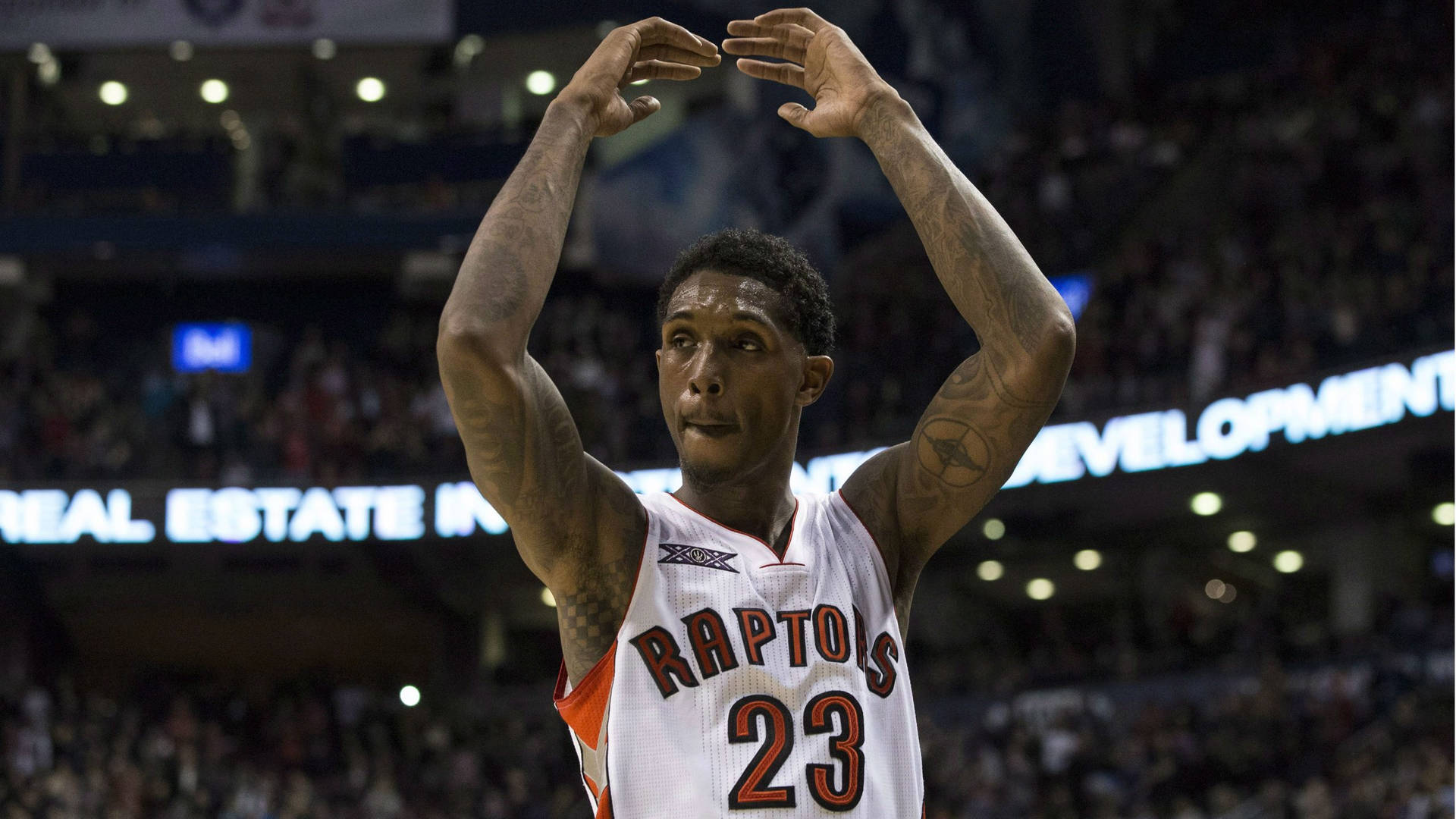 Lou Williams Red Lettered Raptors Jersey Background