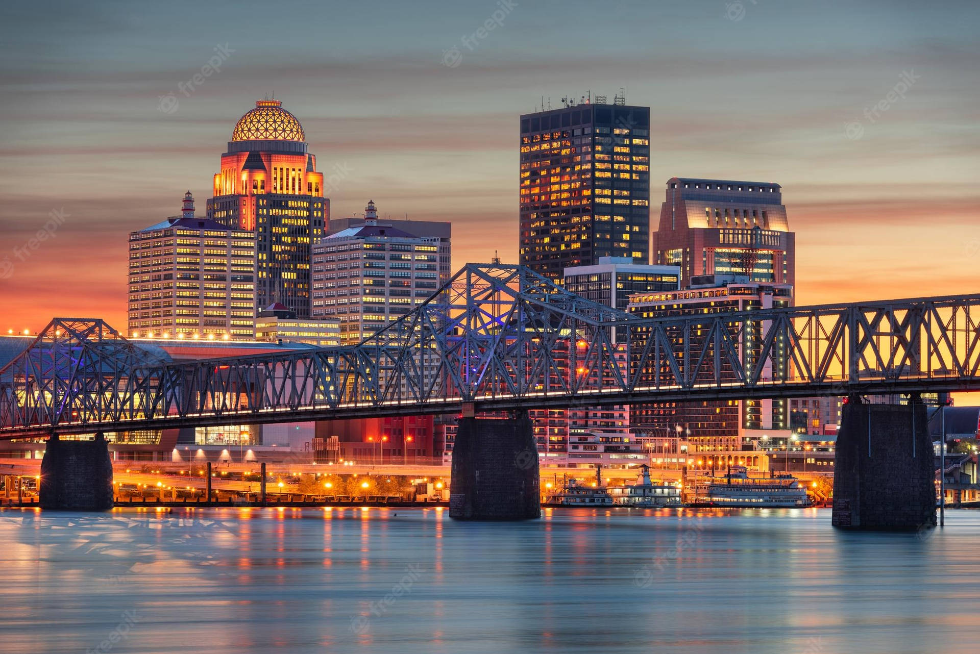 Louisville Skyscrapers And Bridge During Sunset Background