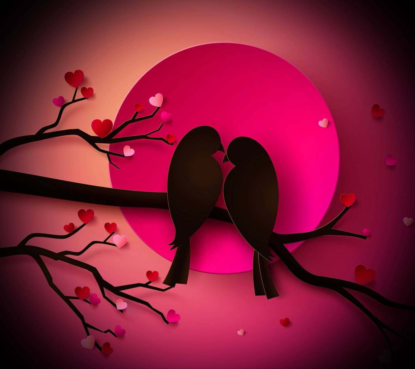 Love Birds Silhouette With Pink Moon Background