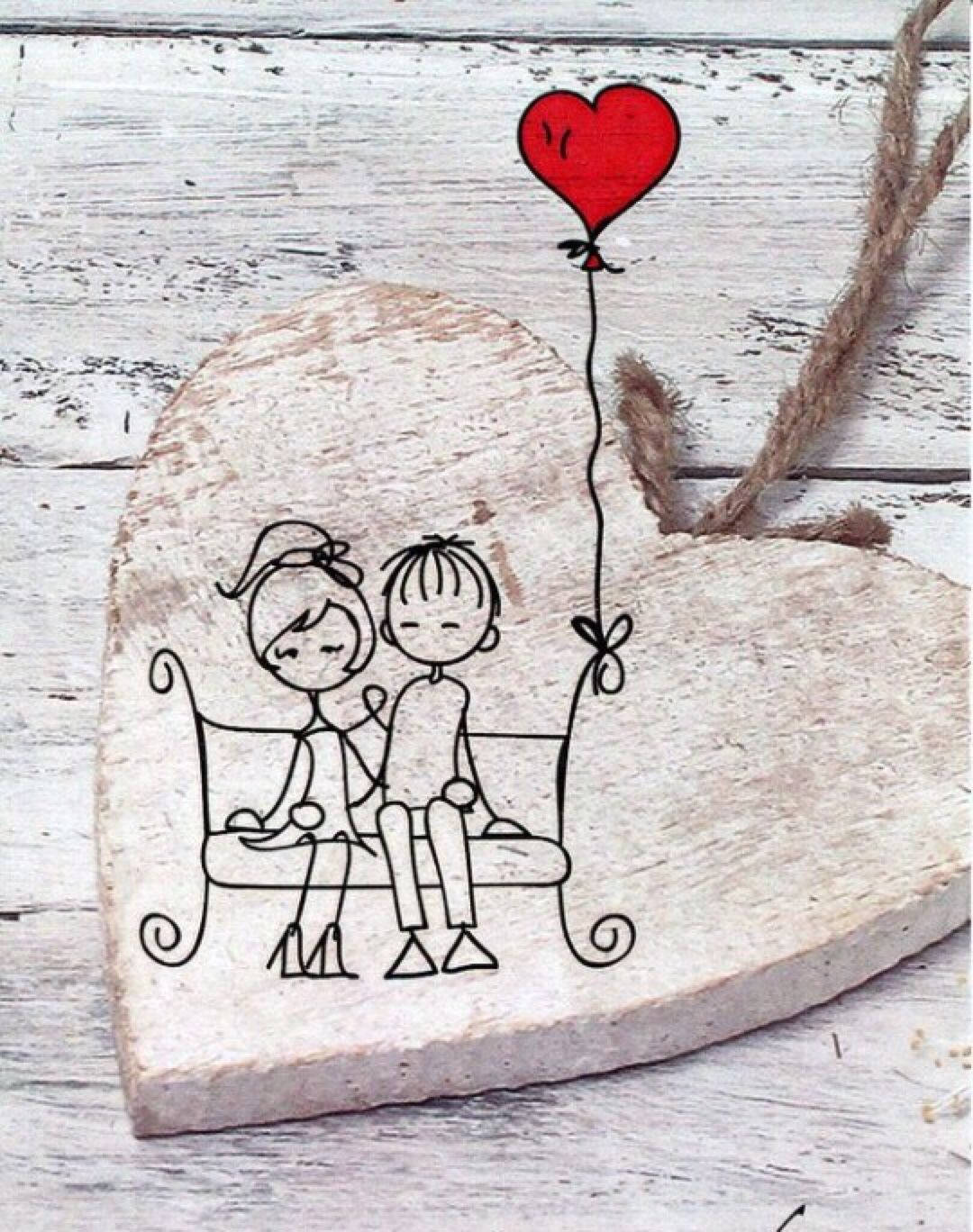 Love Drawing On Wooden Heart Background