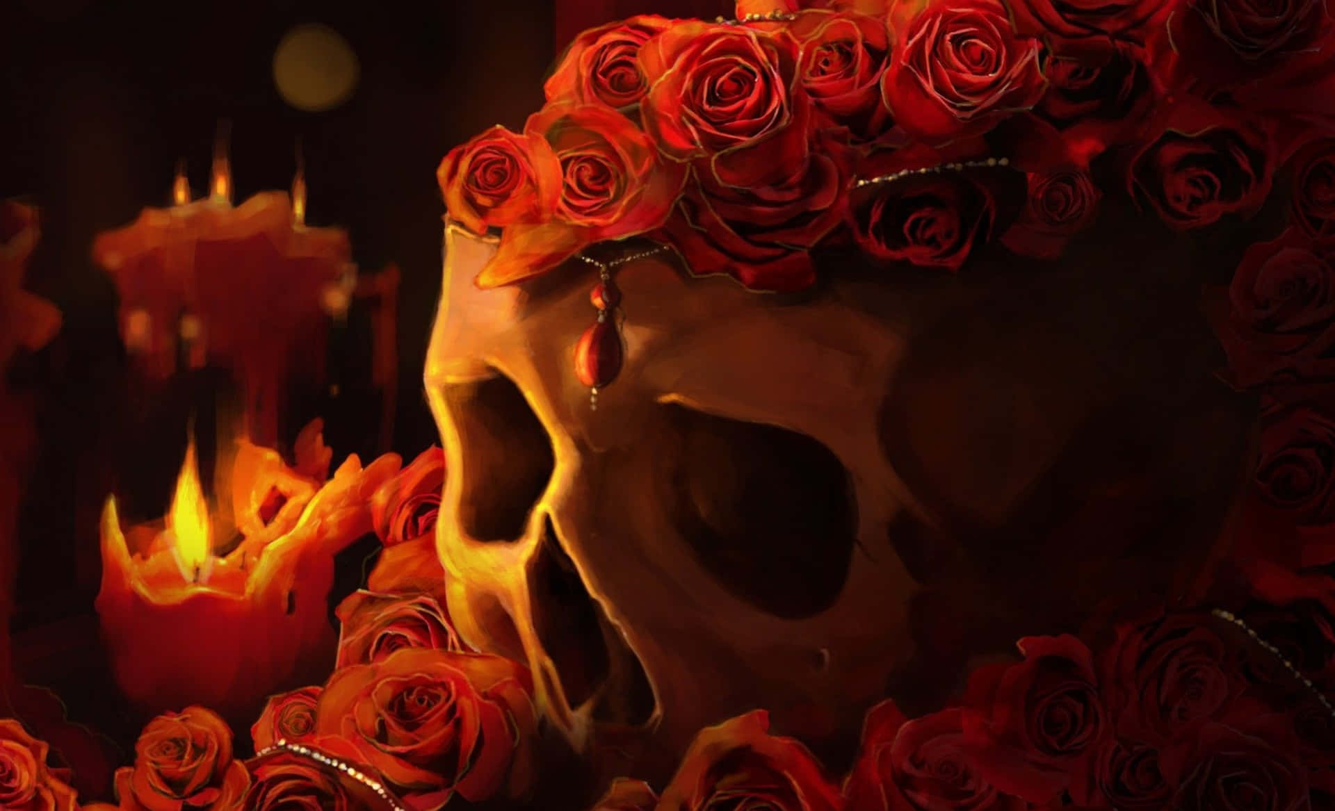 Love Skulls And Roses Candle Flame Background