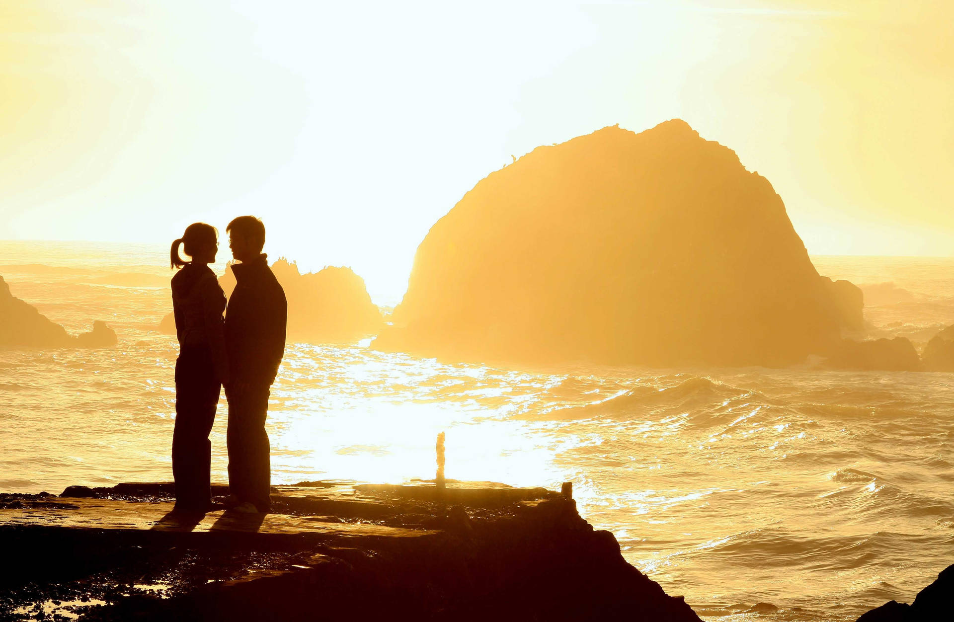 Love Story Of Couple On Cliff Background