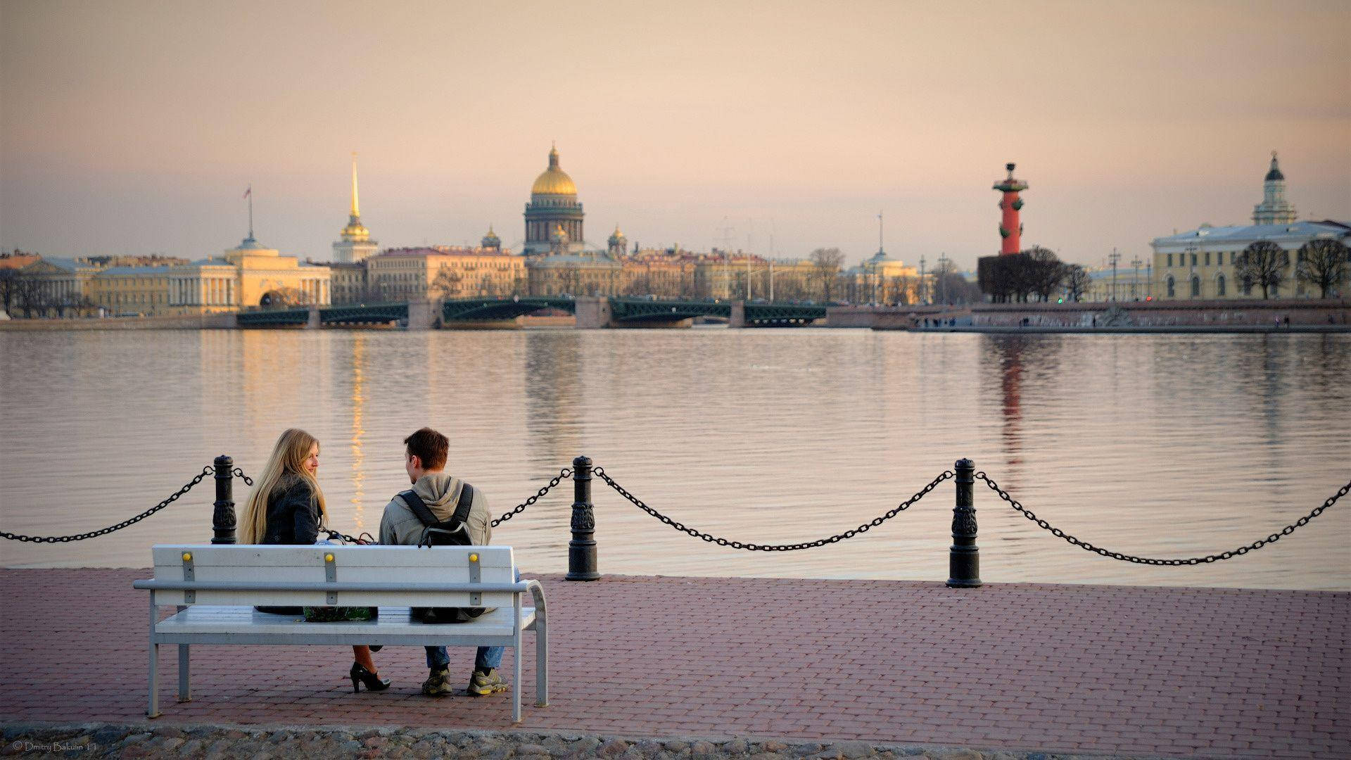Lovely Couple In Saint Petersburg Sidewalk Background