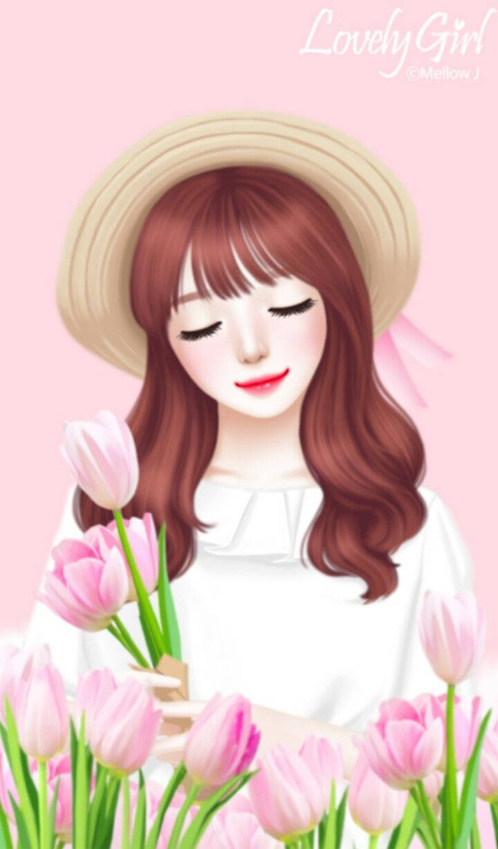 Lovely Girl Holding Pink Tulips Background