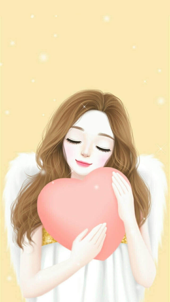 Lovely Girl With Angel Wings And Heart Background