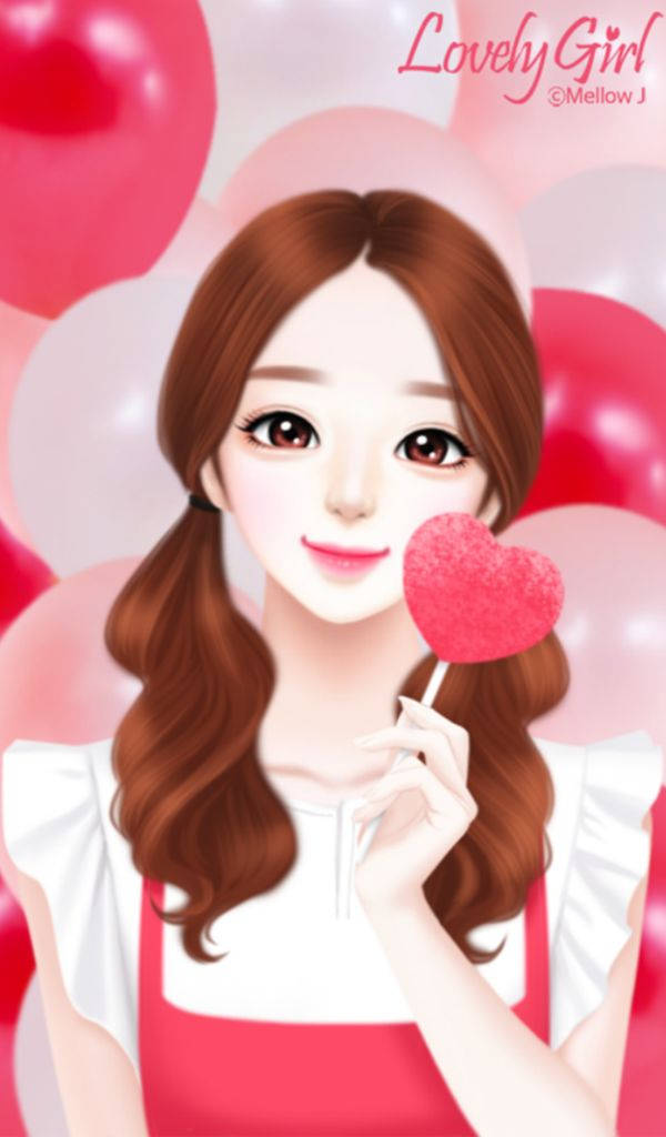 Lovely Girl With Heart Lollipop Background