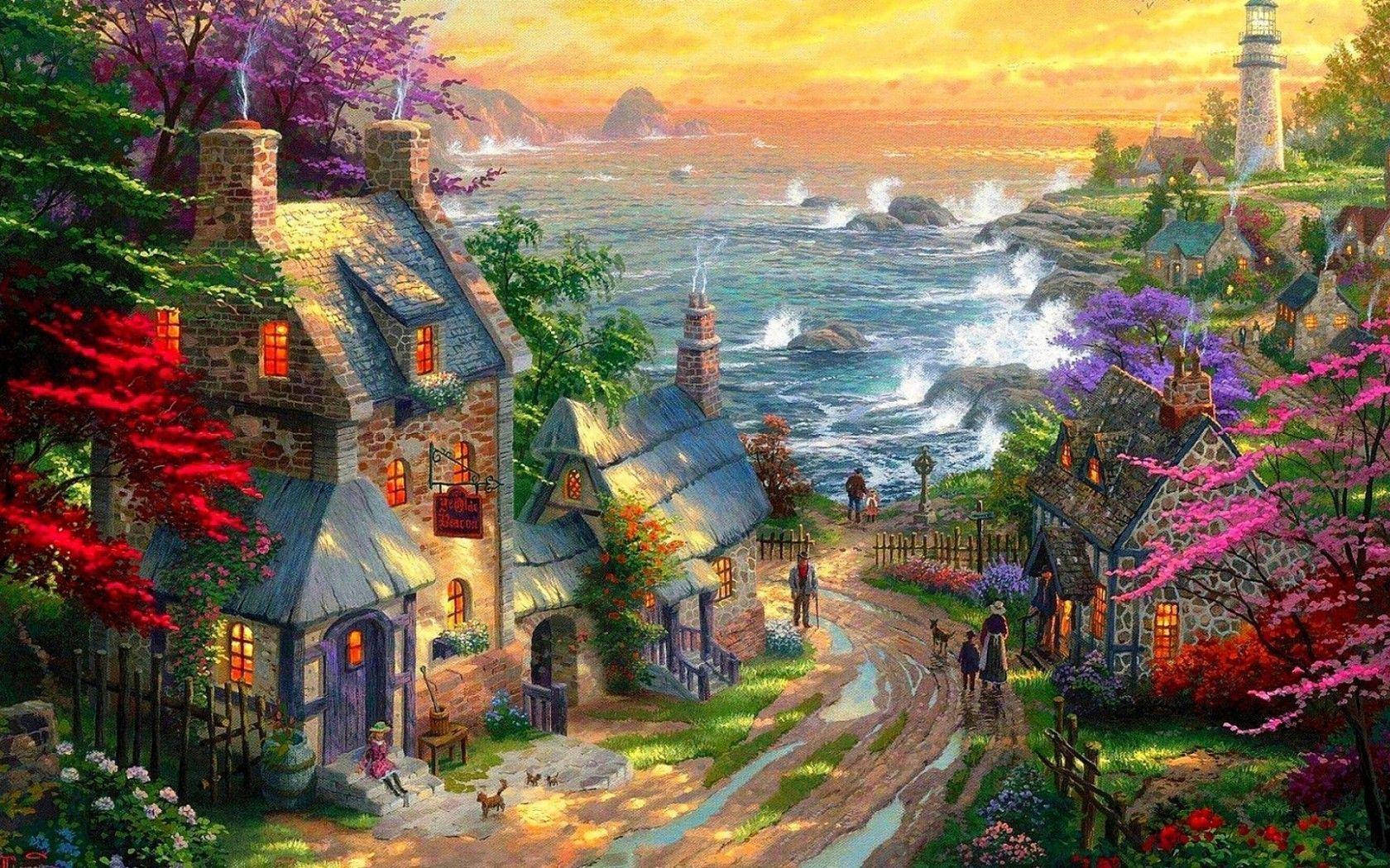 Lovely Houses Near Sea Paint Art Background