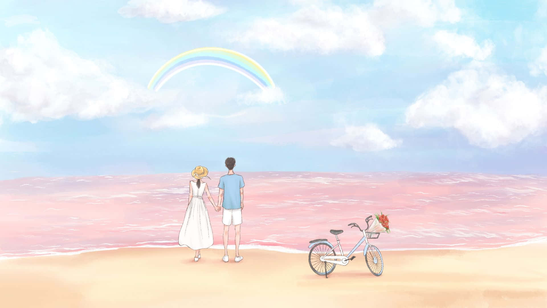 Lovers In Pink Beach Digital Illustration Background