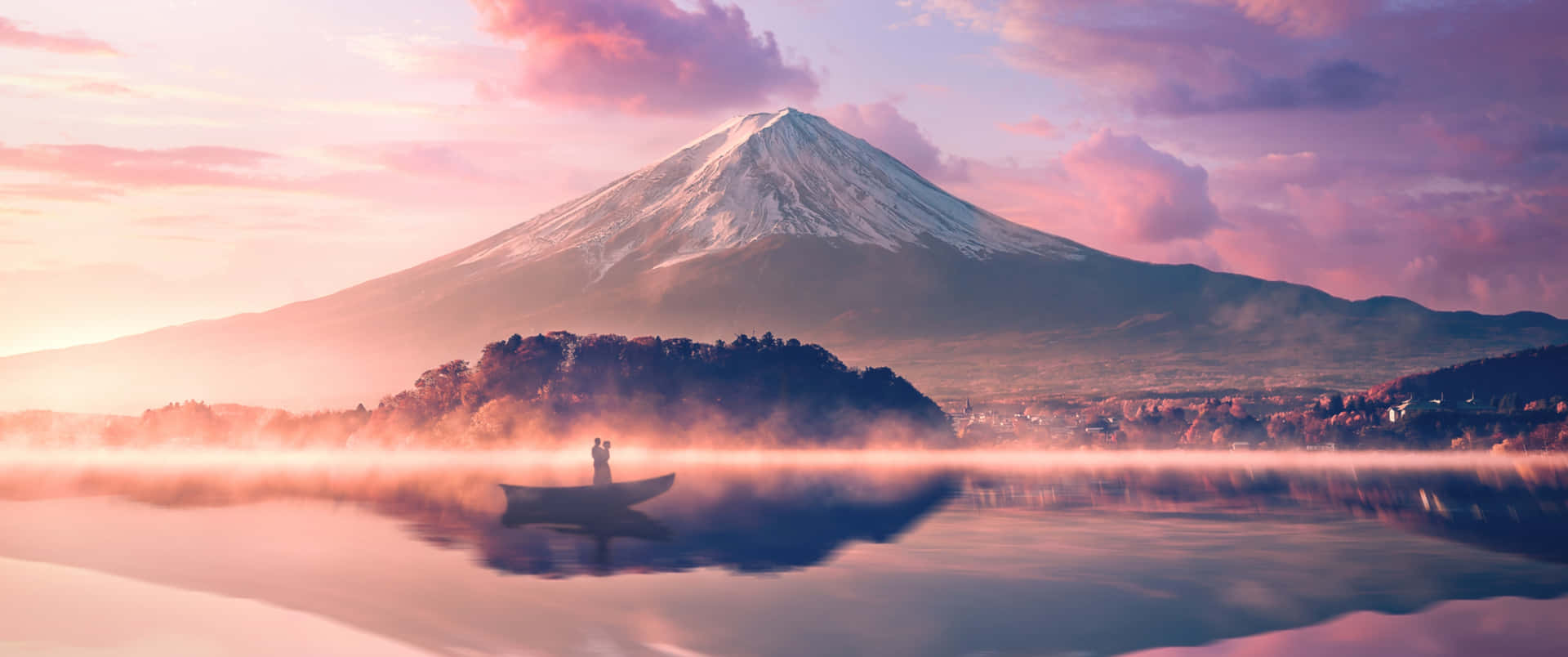 Lovers On Boat With Mount Fuji Background