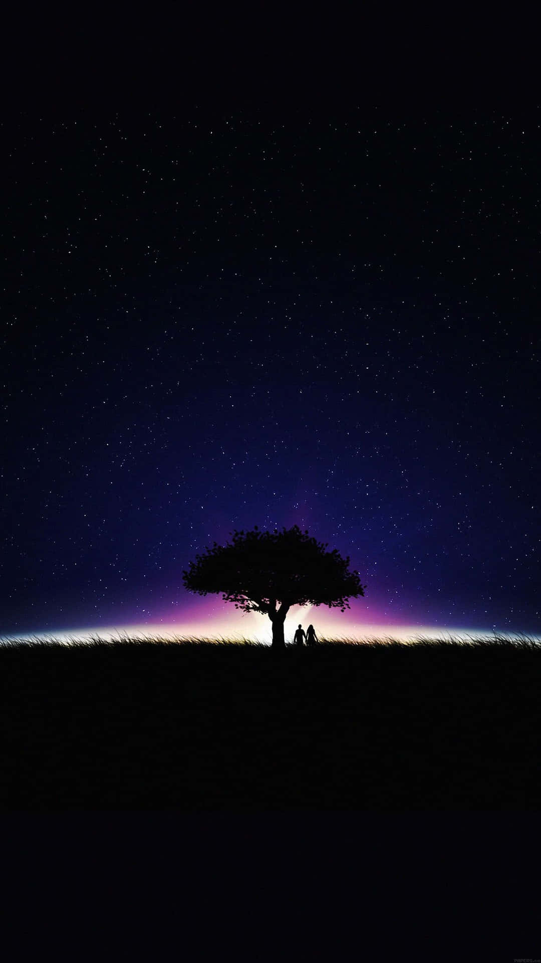 Lovers Under A Tree In Dark Starry Night Background