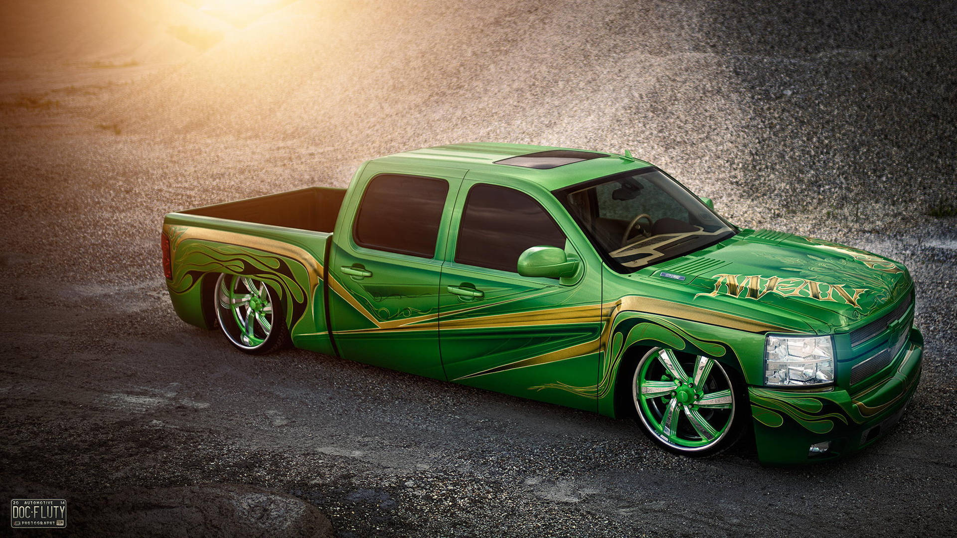 Lowrider Green Chevrolet Silverado Background