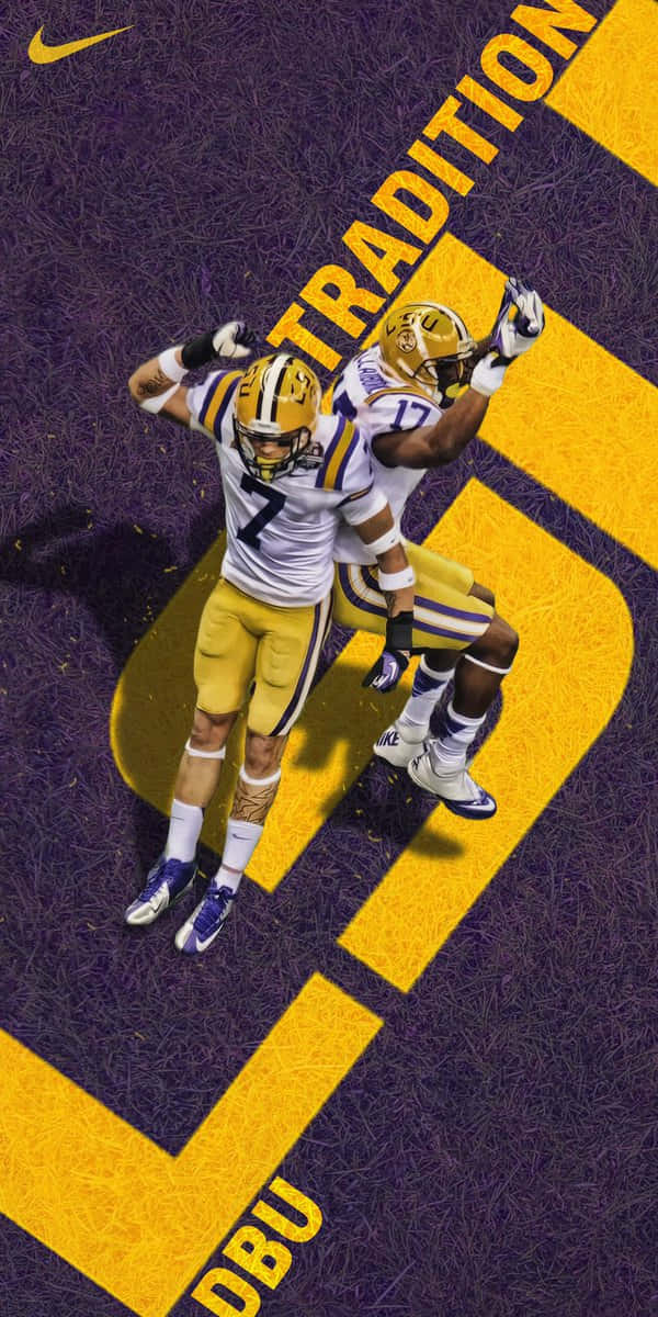 Lsu Football Players Are Standing On A Purple And Yellow Background Background