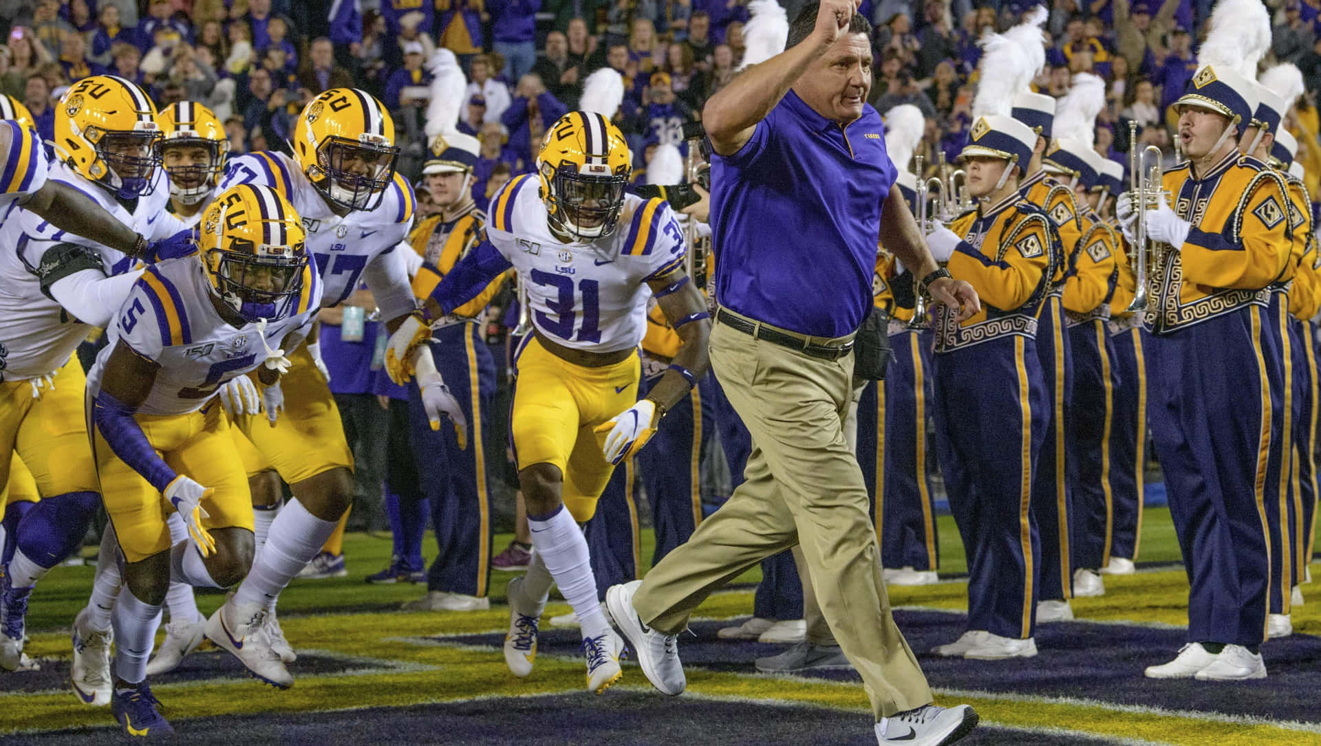 Lsu Football With Coach Background