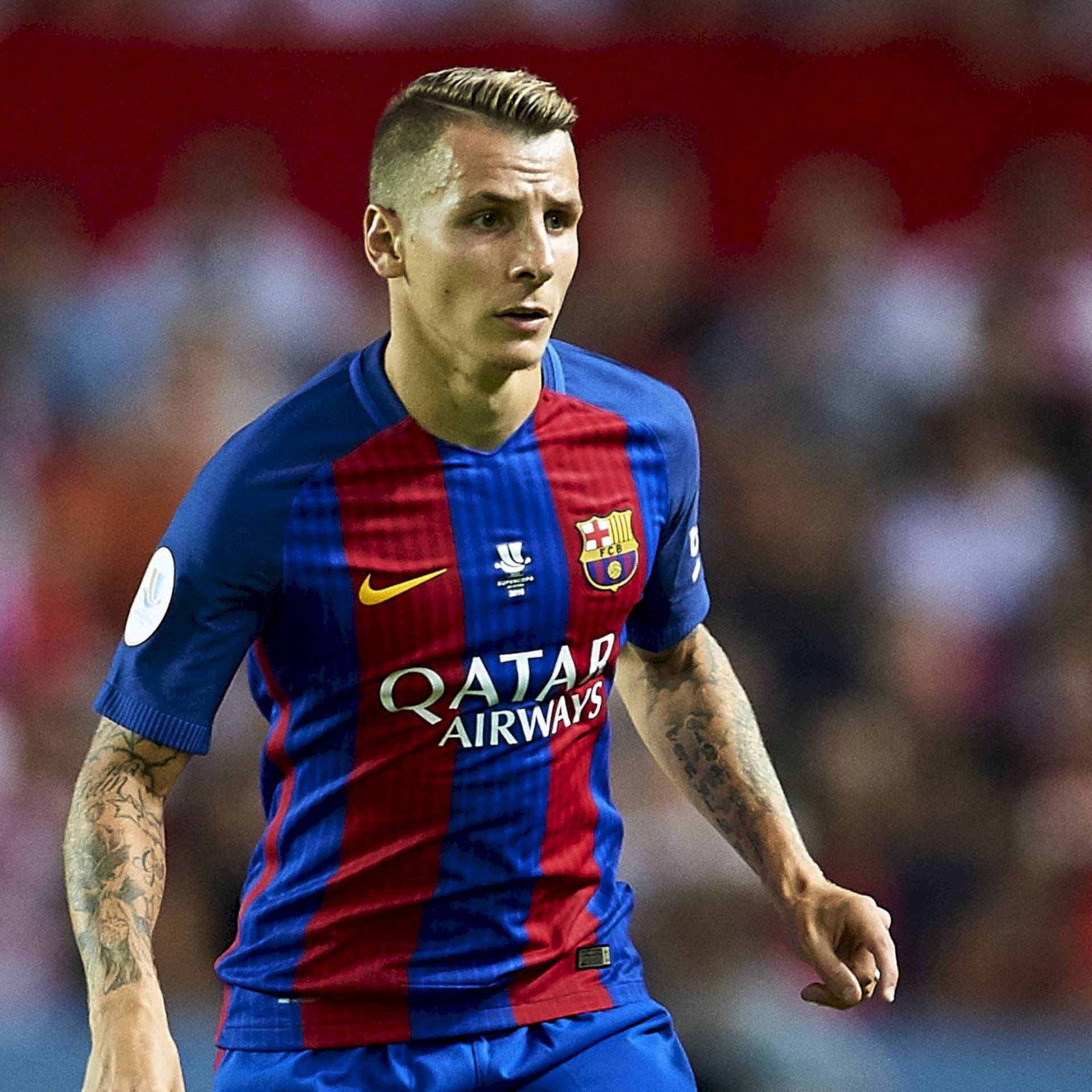 Lucas Digne Showcasing His Skills For Fc Barcelona Background