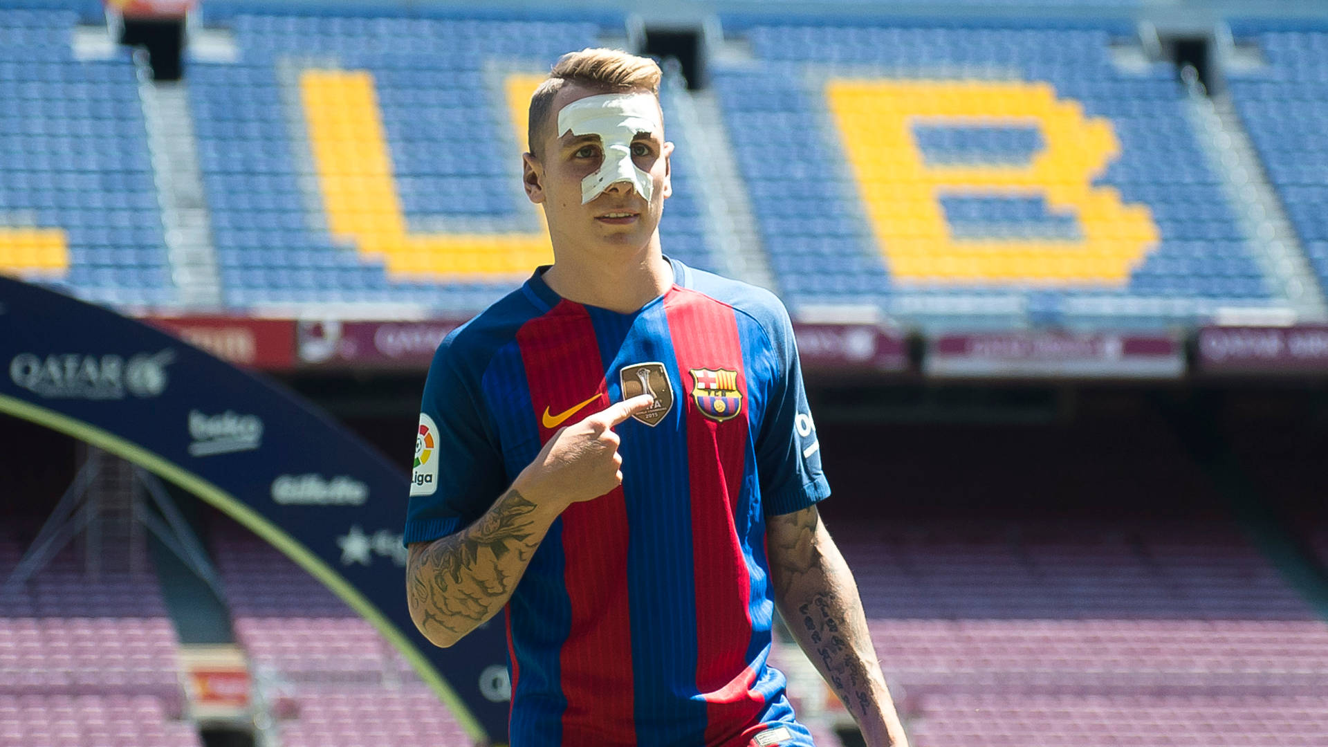 Lucas Digne Wearing Fc Barcelona Jersey Background