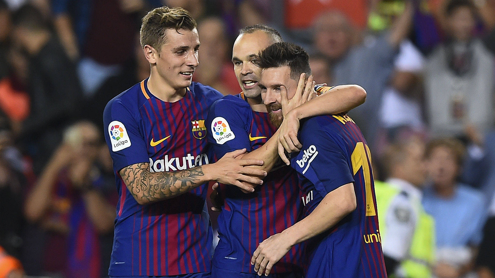 Lucas Digne With Messi And Iniesta Background